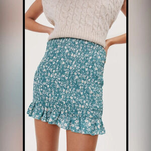 Floral Shirred Ruffle Mini Skirt green